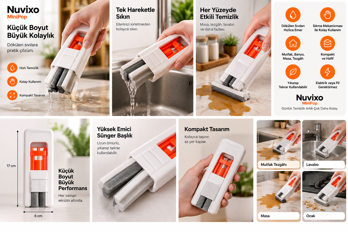 Nuvixo™ MiniPop – Pratik Sıkmalı Mini Temizlik Mopu